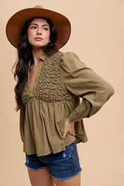 Annie Wear Smocked Front Long Sleeve Babydoll Blouse | Blouses Daverri Fashions