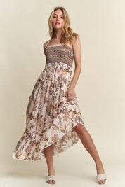 ADORA Smocked Printed Square Neck Tie Shoulder Cami Dress | Daverri Fashions