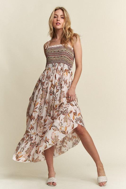 ADORA Smocked Printed Square Neck Tie Shoulder Cami Dress | Daverri Fashions