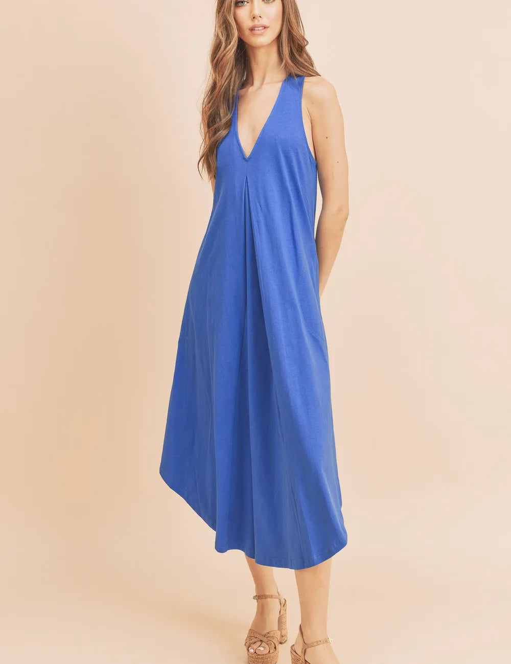 Aemi + Co Front Pleat Detail V-Neck Sleeveless Midi Dress | Daverri Fashions