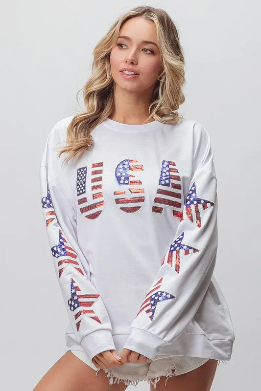 BiBi American Flag USA and Star Sequin Sweatshirt - DAVERRI FASHIONS