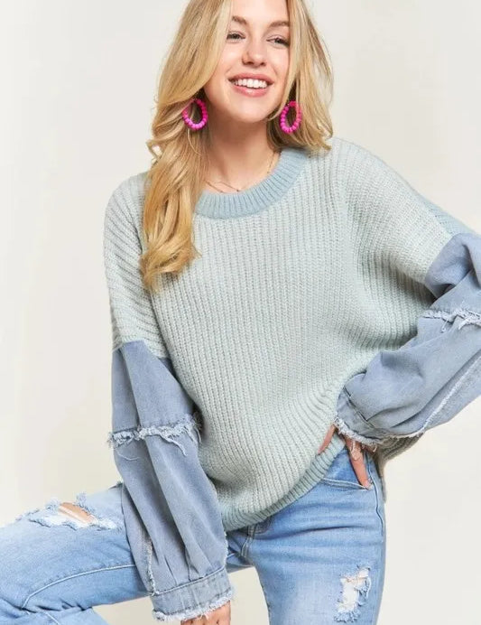 BLUE 3XL ADORA Plus Size Frayed Denim Sleeve Sweater Top | Sweaters Daverri Fashions