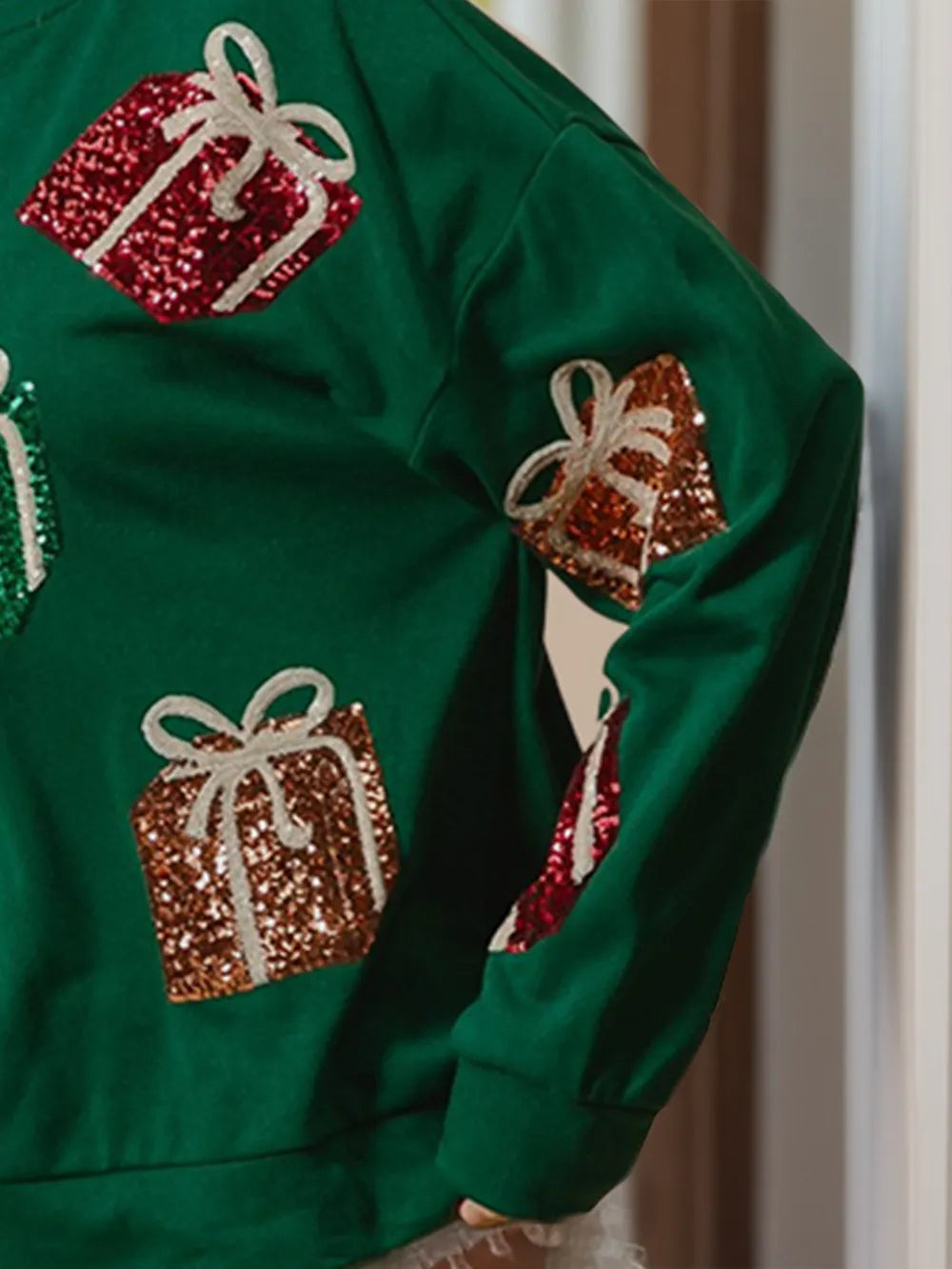 Sequin Gift Box Long Sleeve Sweatshirt | Sweatshirts Daverri Fashions