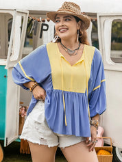 Light Blue Plus Size Ruched Tie Neck Balloon Sleeve Blouse | Blouses Daverri Fashions