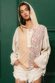 BiBi Slub Jersey with Lace Combo Buttoned Hoodie Top | Hoodies Daverri Fashions