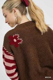 Umgee Flower Jacquard Striped Long Sleeve Sweater | Sweaters Daverri Fashions