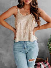 Tan Sequin Scoop Neck Tank | Tank Tops Daverri Fashions