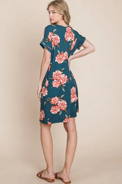BOMBOM Floral Round Neck Short Tee Dress with Pockets | Daverri Fashions