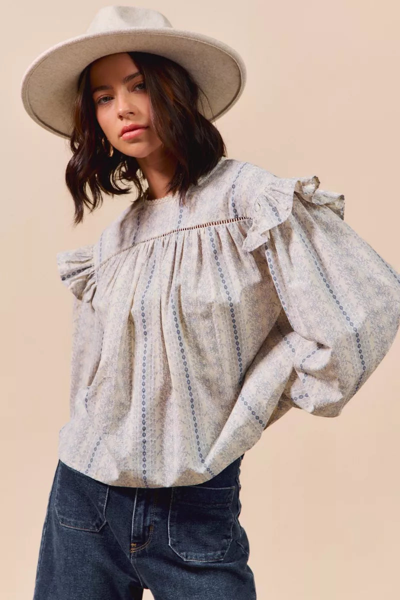 SO ME Floral Cotton Print Ruffled Long Sleeve Blouse | Daverri Fashions