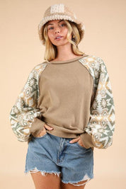 Camel VERY J Printed Long Sleeve Round Neck Knit Top Camel | Knit Tops Daverri Fashions