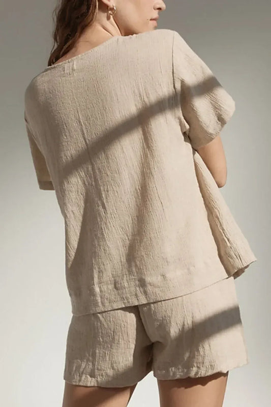 Plaid Tied Scoop Neck Short Sleeve Top and Drawstring Shorts Set - DAVERRI FASHIONS