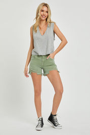 RISEN Mid Waist Frayed Hem Denim Shorts | Daverri Fashions