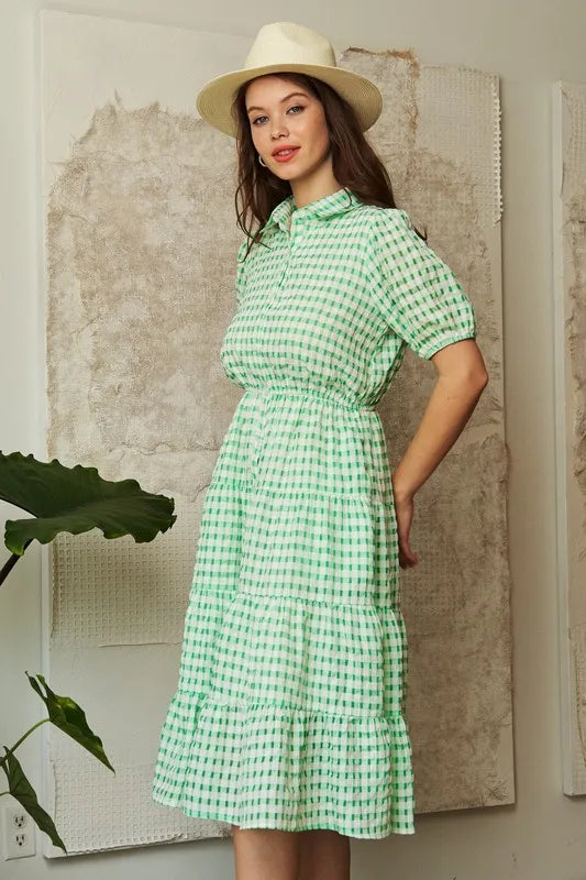Davi & Dani Checkered Puff Sleeve Tiered Shirt Dress | Knee Length Dresses Daverri Fashions
