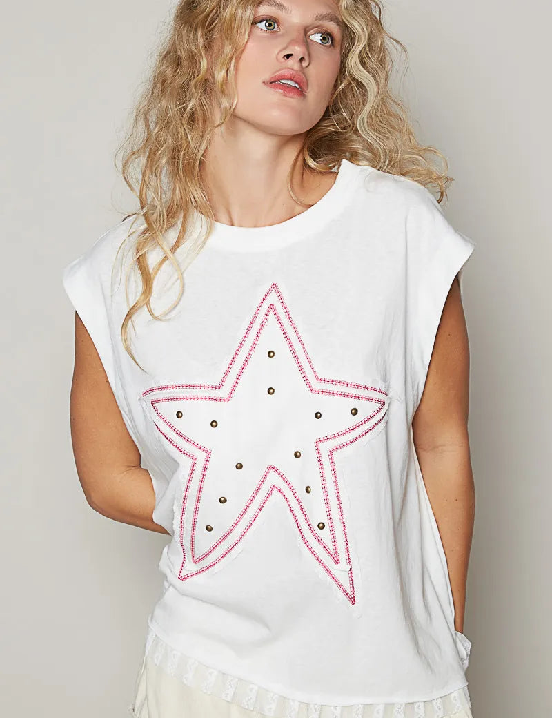 POL Star Patch Studded Sleeveless T-Shirt with Lace Hem | T-Shirts Daverri Fashions