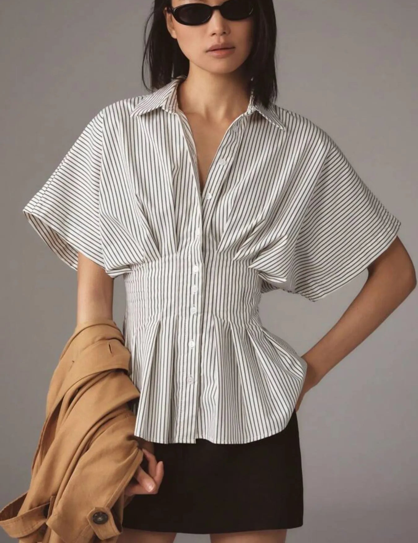 Light Gray Striped Short Sleeve Button-Up Shirt | Daverri Fashions
