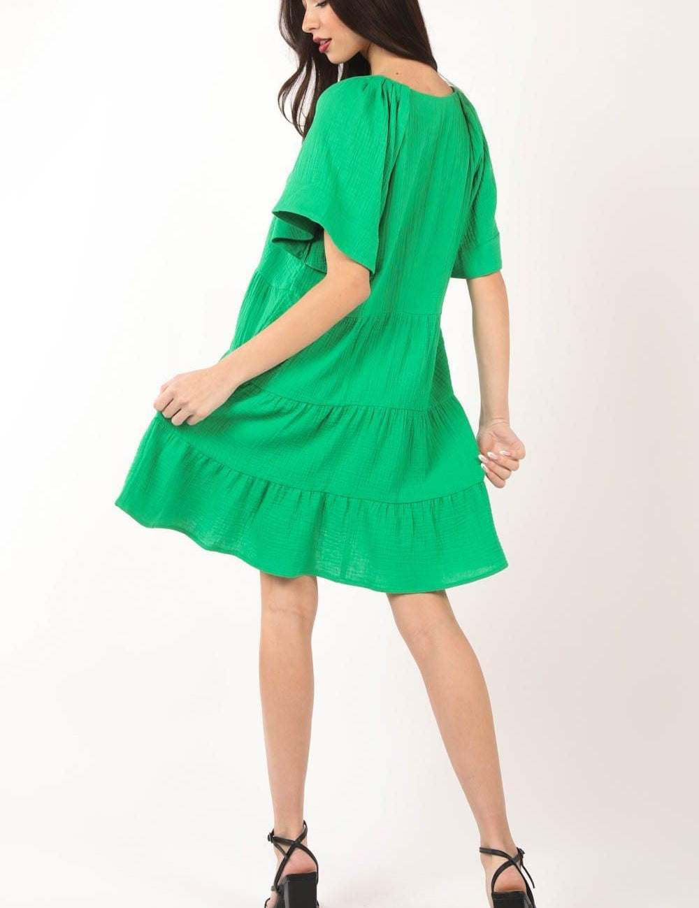VERY J Texture V-Neck Ruffled Tiered Dress | Daverri Fashions
