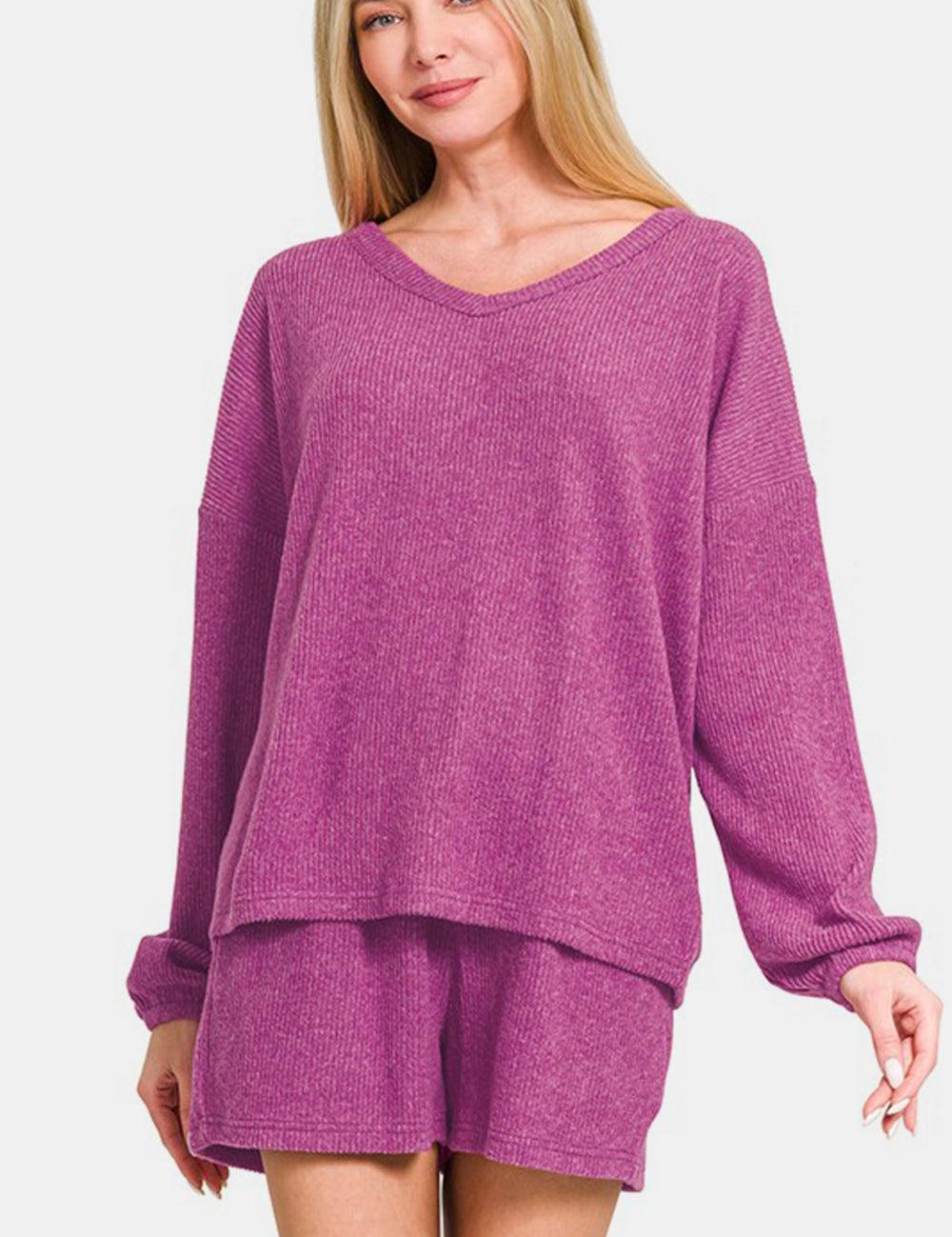 Red-Violet Zenana V-Neck Long Sleeve Ribbed Top and Shorts Set | Outfit Sets Daverri Fashions