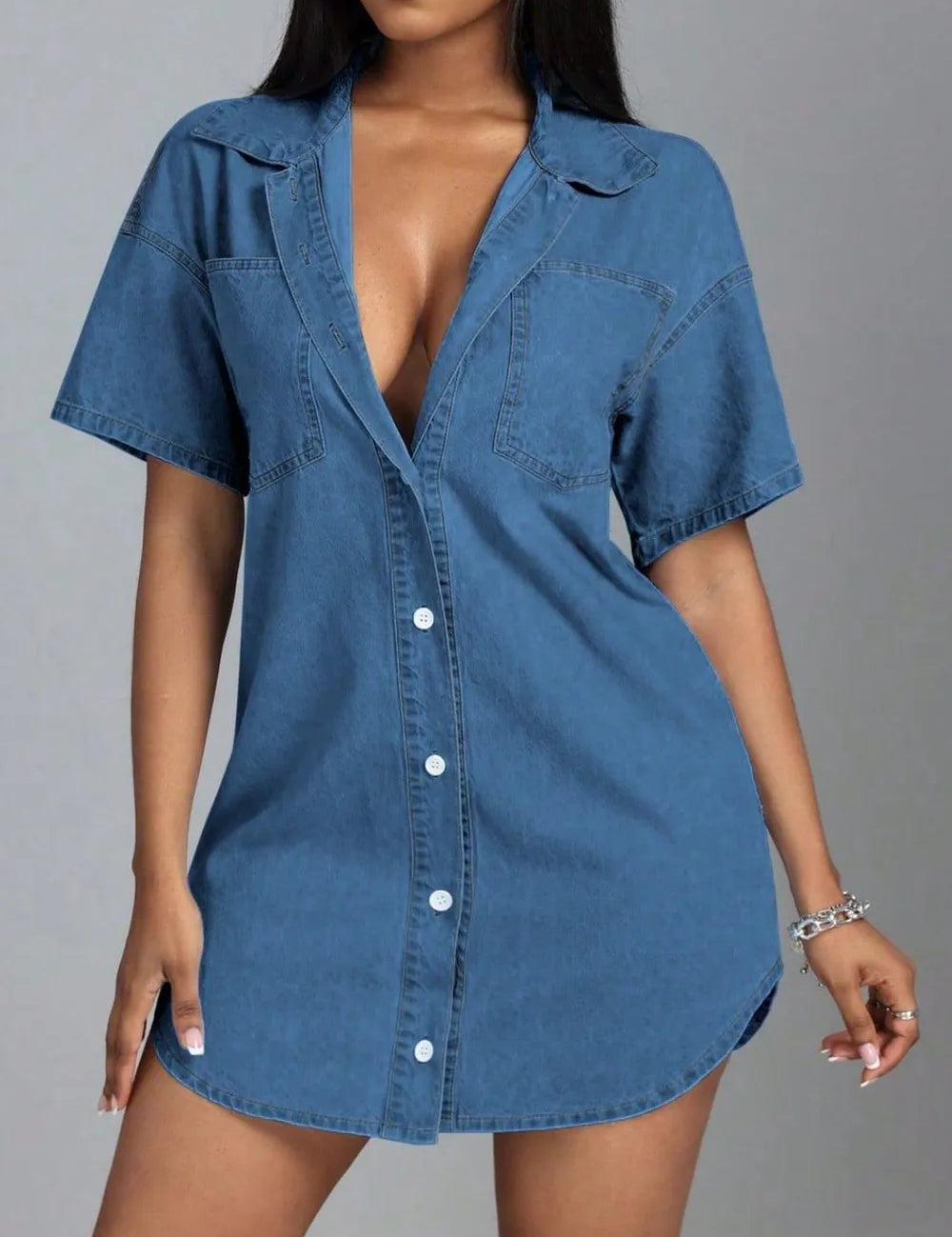 Medium Button Down Collared Neck Denim Dress | Daverri Fashions