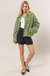 HYFVE Tweed Plaid Button Up Collared Neck Jacket | Jackets Daverri Fashions