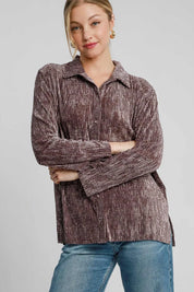 Brown Umgee Side Slit Texture Button Up Shirt | Daverri Fashions