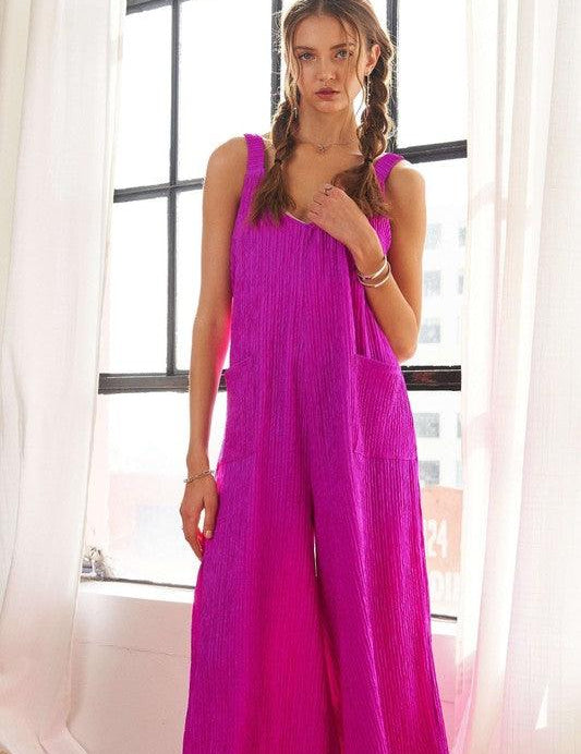 Cerise ADORA Textured Wide-Leg Jumpsuit | Jumpsuits Daverri Fashions