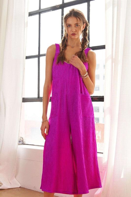 Cerise ADORA Textured Wide-Leg Jumpsuit | Jumpsuits Daverri Fashions