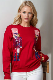 Red Double Take Full Size Nutcracker Sequin Long Sleeve Sweater | Sweaters Daverri Fashions