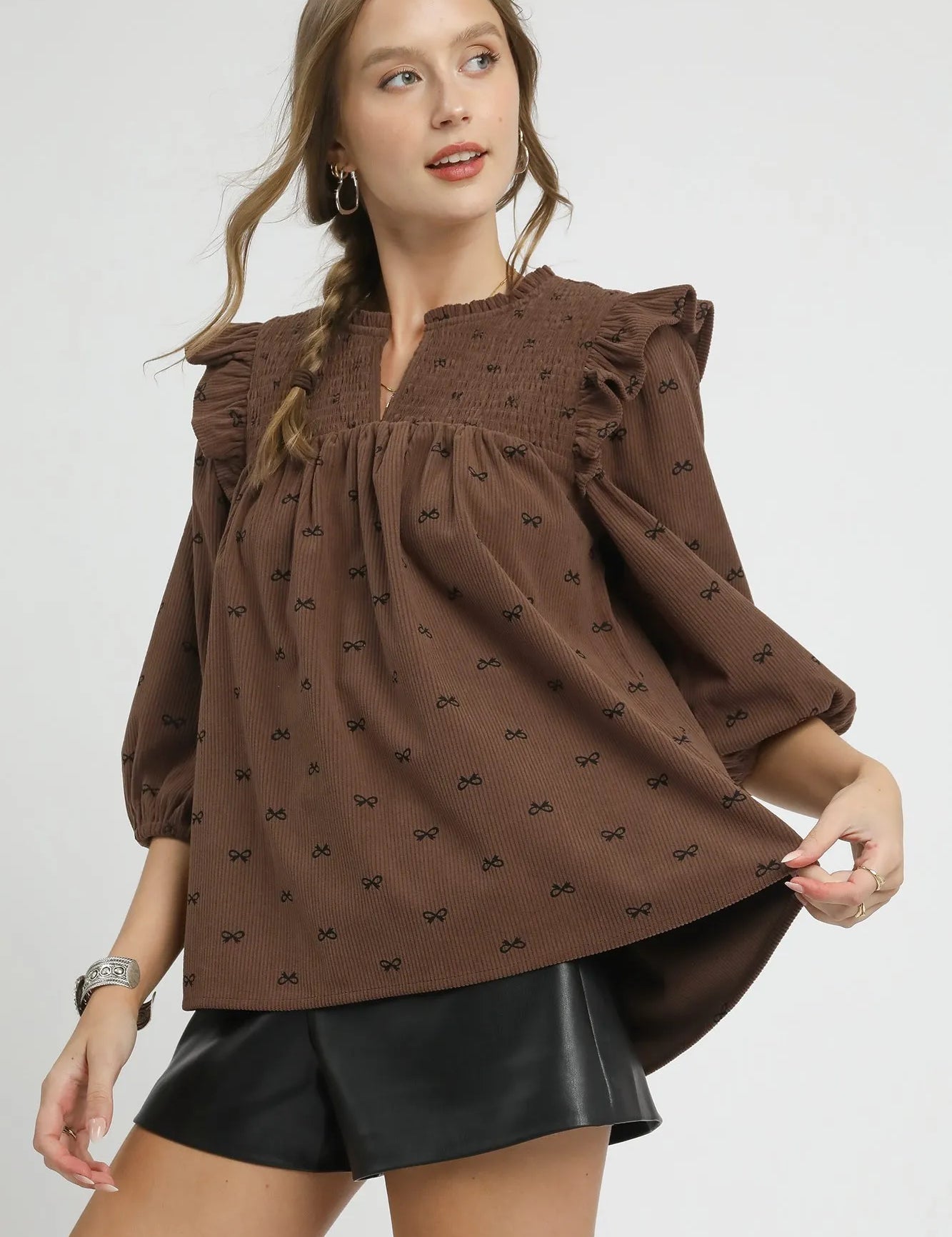 Brown Umgee Bow Print Corduroy Puff Sleeve Blouse with Ruffled | Blouses Daverri Fashions