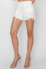 RISEN Button Fly Frayed Hem Denim Shorts | Daverri Fashions