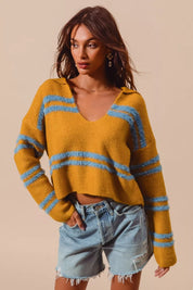 MUSTARD DT BLUE SO ME Fuzzy Hairy Stripe Deep U Neck Swetaer | Sweaters Daverri Fashions