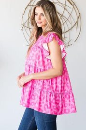 Heimish Full Size Tiered Leopard Round Neck Blouse with Ruffled Detail Plus Size | Blouses Daverri Fashions