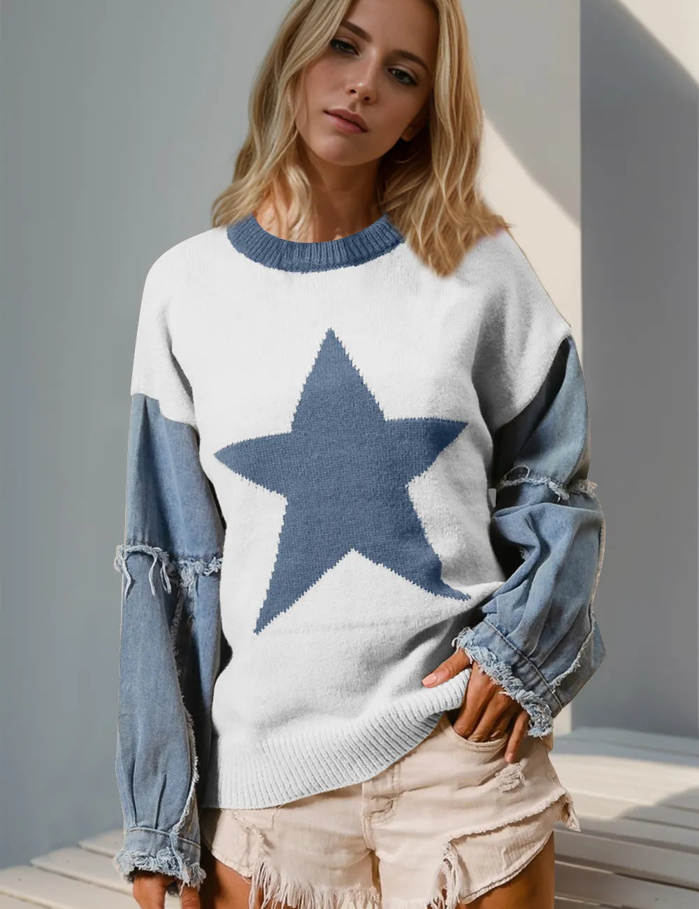 White Double Take Full Size Star Pattern Raw Edge Long Sleeve Sweater | Sweaters Daverri Fashions