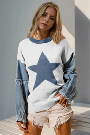 White Double Take Full Size Star Pattern Raw Edge Long Sleeve Sweater | Sweaters Daverri Fashions