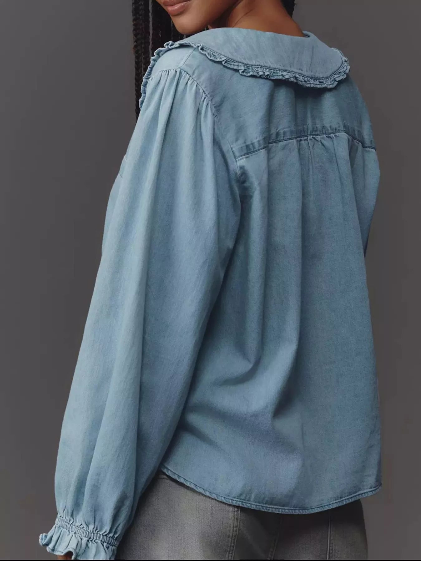 Peter Pan Collar Ruffled Denim Shirt | Shirts Daverri Fashions