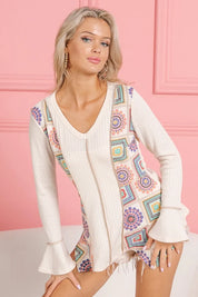 BiBi Granny Square Print Contrast Annie Rib V Neck Top | Tops Daverri Fashions