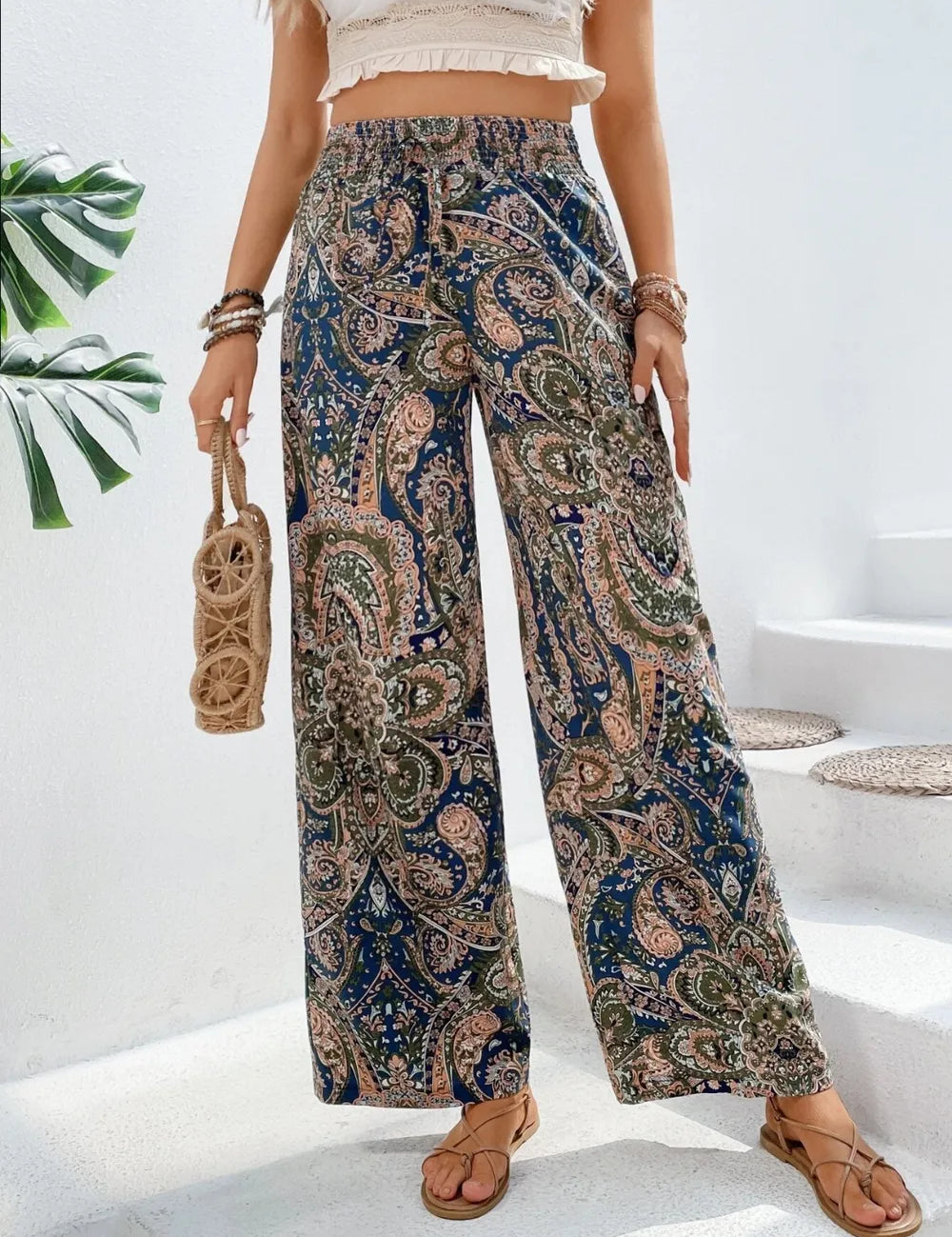 Dark Blue Printed Wide Leg Pants | Pants Daverri Fashions
