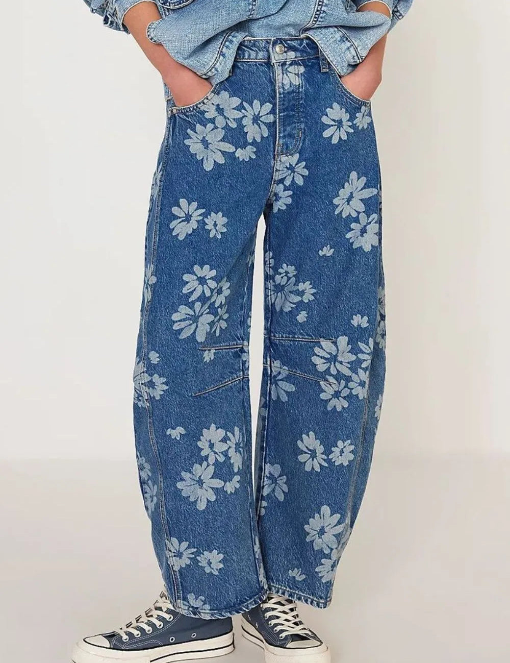 Medium Flower Print Wide Leg Jeans | Jeans Daverri Fashions
