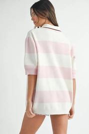 MABLE Oversized Stripe Polo Collar Sweater | Sweaters Daverri Fashions