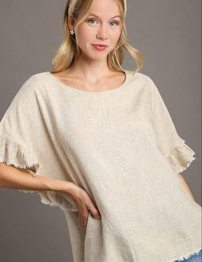 Beige Umgee Full Size Raw Hem Ruffle Short Sleeve Blouse Plus Size | Blouses Daverri Fashions