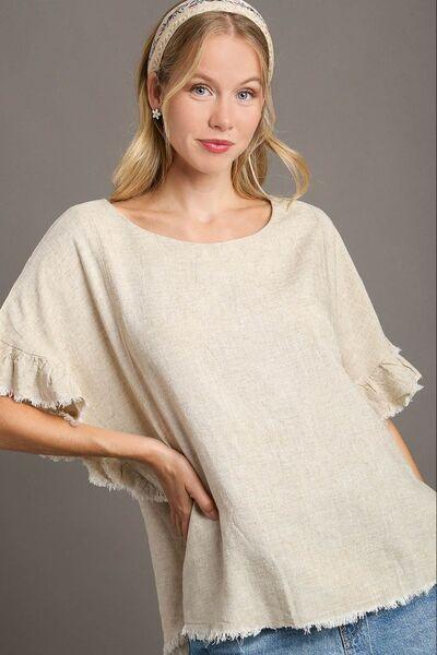 Beige Umgee Full Size Raw Hem Ruffle Short Sleeve Blouse Plus Size | Blouses Daverri Fashions