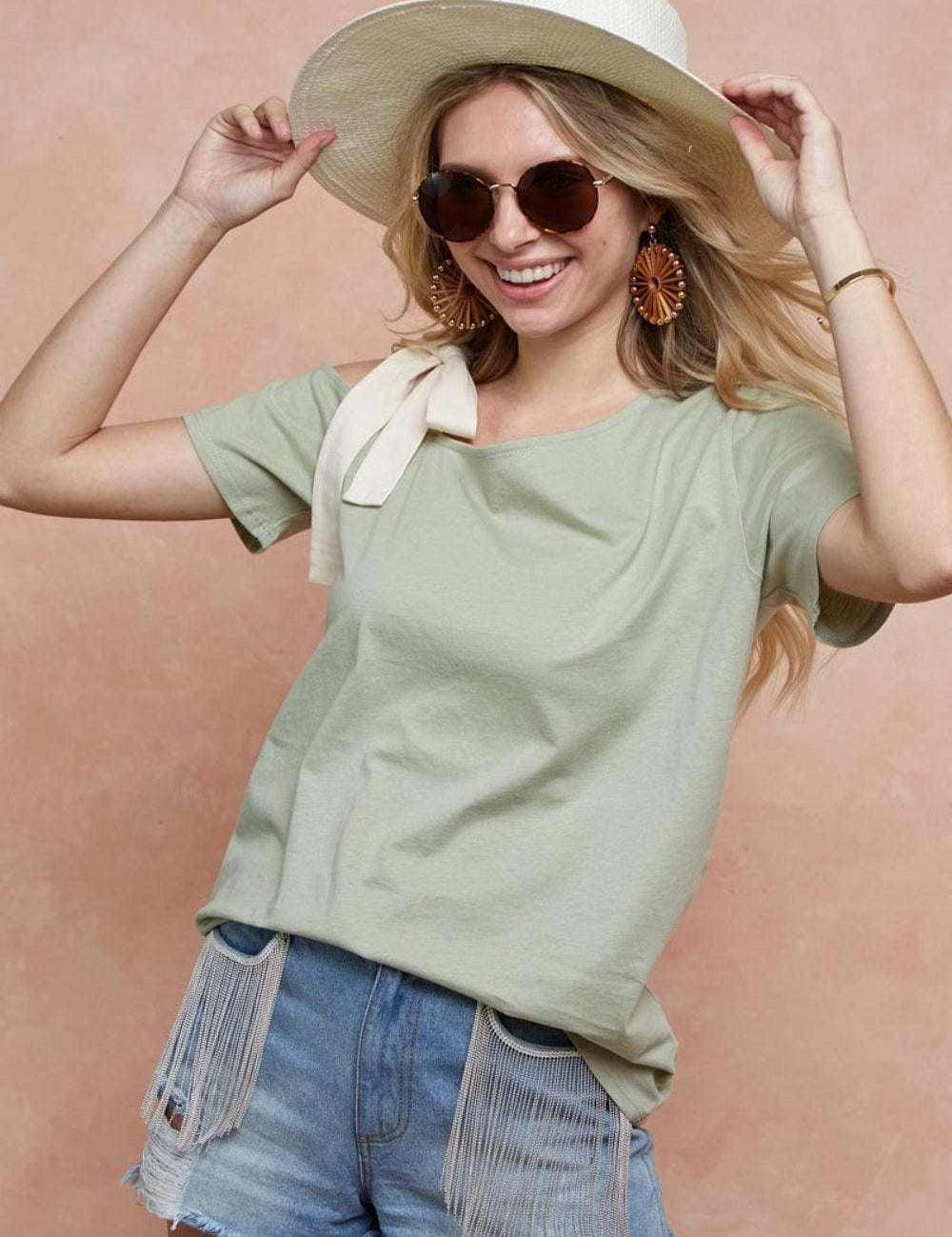 BiBi Tied Ribbon One Shoulder Short Sleeve T-Shirt | T-Shirts Daverri Fashions