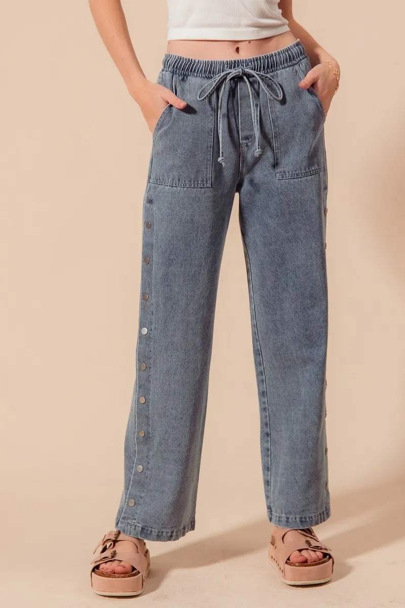 SO ME Mid Rise Drawstring Jeans with Side Snap Button | Daverri Fashions