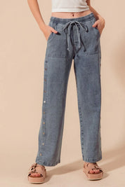 SO ME Mid Rise Drawstring Jeans with Side Snap Button | Daverri Fashions
