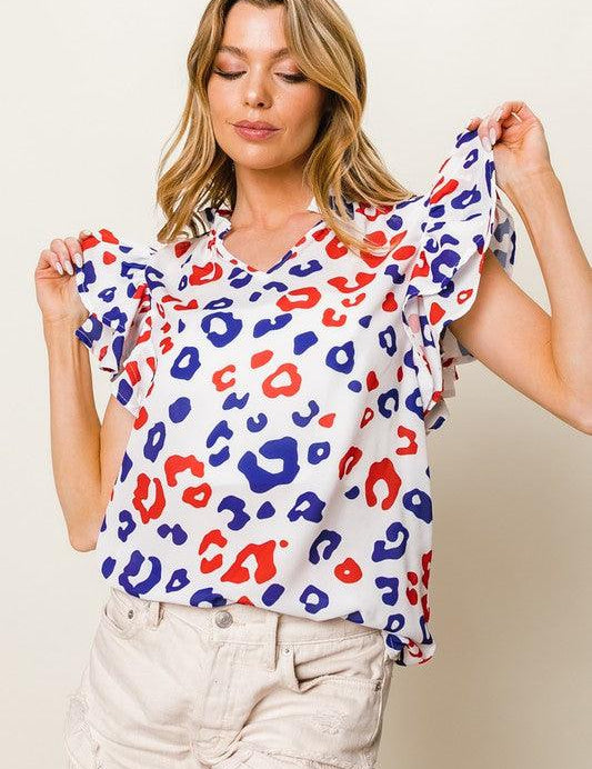 OFFWHT RED NAVY BiBi Leopard Notched Ruffled Cap Sleeve Blouse | Blouses Daverri Fashions