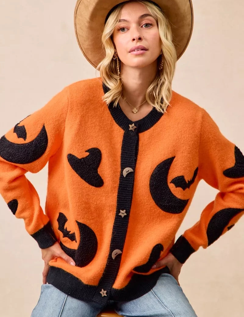 BiBi Halloween Witch Hat Moon Bat Artwork Cardigan | Cardigans Daverri Fashions