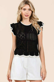 Mittoshop Openwork Contrast Trim Ruffled Cap Sleeve Knit Top | Tops Daverri Fashions