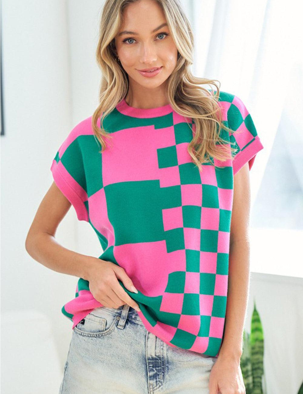 Checkered Drop Shoulder Knit Top | Tops Daverri Fashions