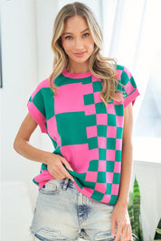 Checkered Drop Shoulder Knit Top | Tops Daverri Fashions