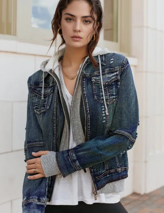 Faux Two-Piece Hooded Zip-Up Denim Jacket | Denim Jackets Daverri Fashions