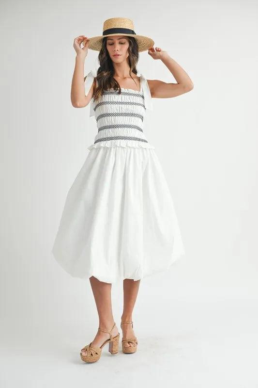MABLE Smocked Bodice Bubble Midi Dress | Daverri Fashions